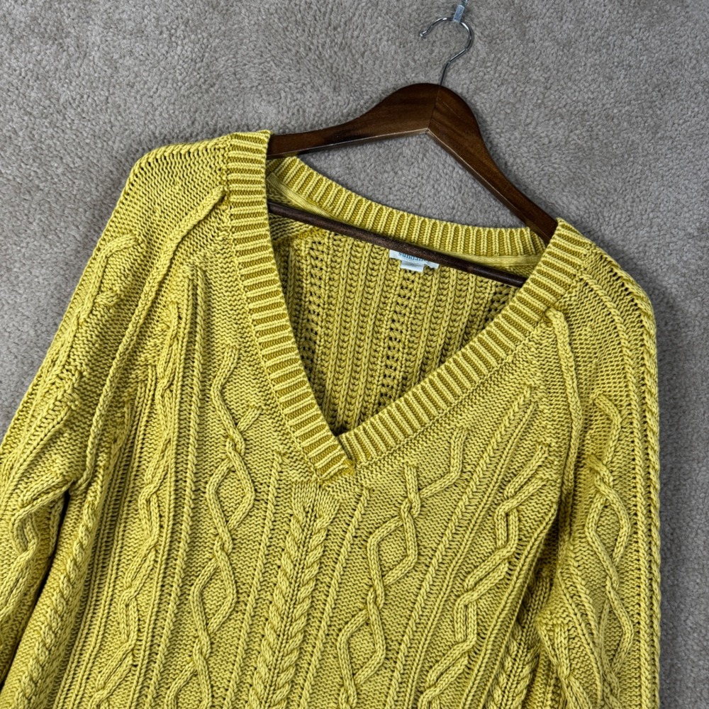 Sundance Cable Knit Sweater Womens Medium Yellow V-Neck Cotton High-Low Pullover